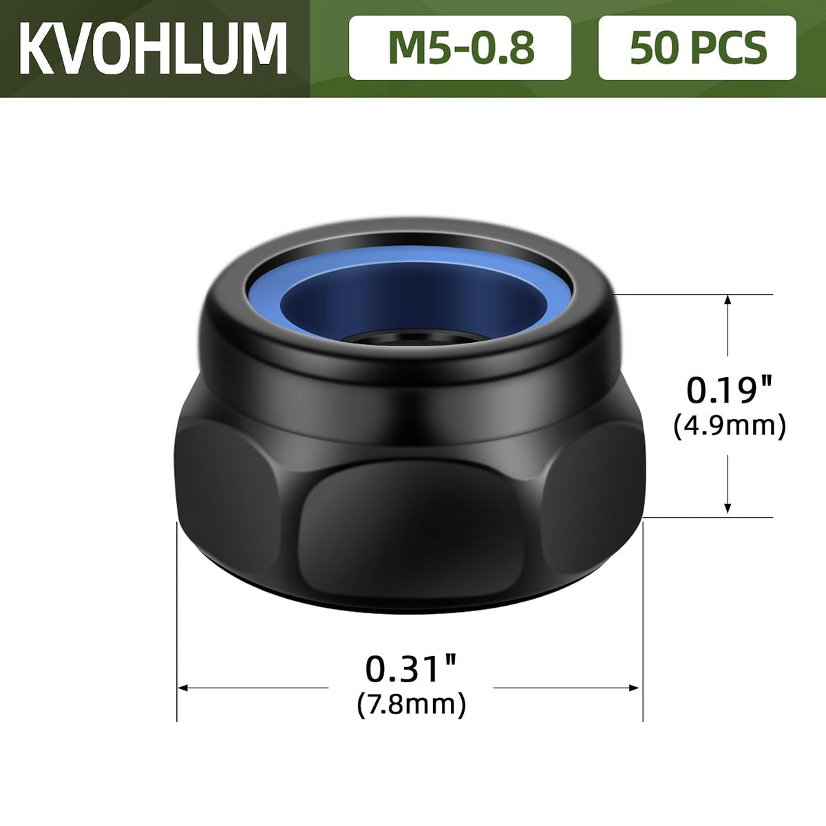 50 PCS M5-0.8 Nylon Insert Locknuts, Standard Metric Thread Self-Lock Nylon Inserted Hex Lock Nuts, Black Coating