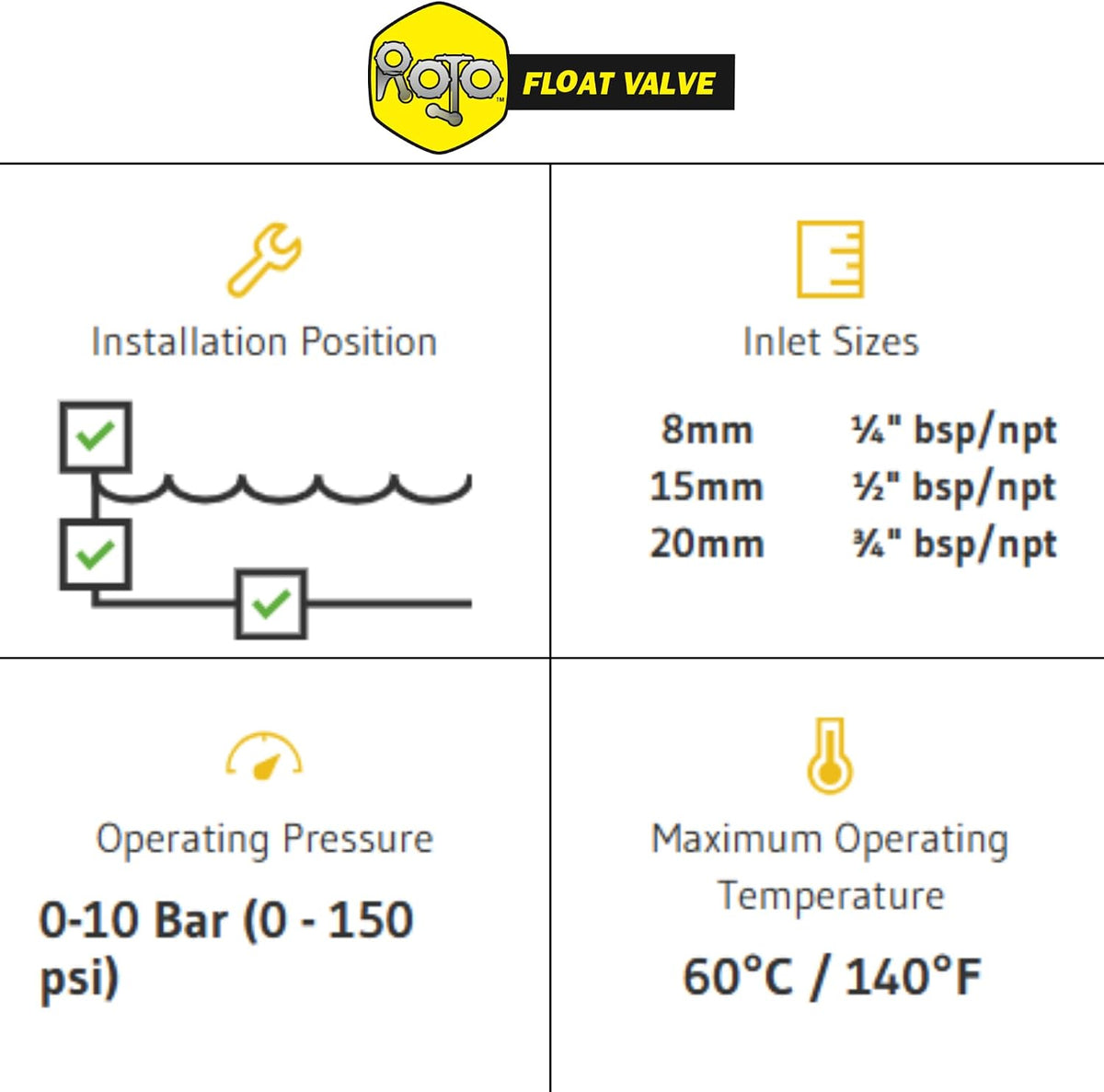 "Rojo Float Valve, 3/4", Black/Yellow (1)