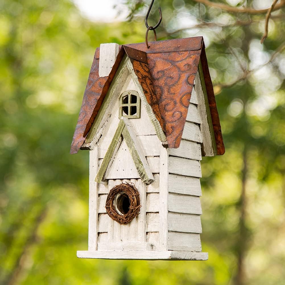 Bird Houses for Outside, 12" H Washed White Distressed Solid Wood Cottage Bird Nesting Box Hanging Bird House for