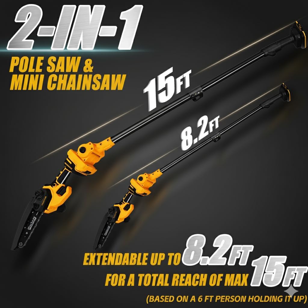 2-in-1 Cordless Mini Chainsaw & Pole Saw – 15FT Extendable Tree Trimmer | 20V Battery-Powered, Lightweightv,Gift for