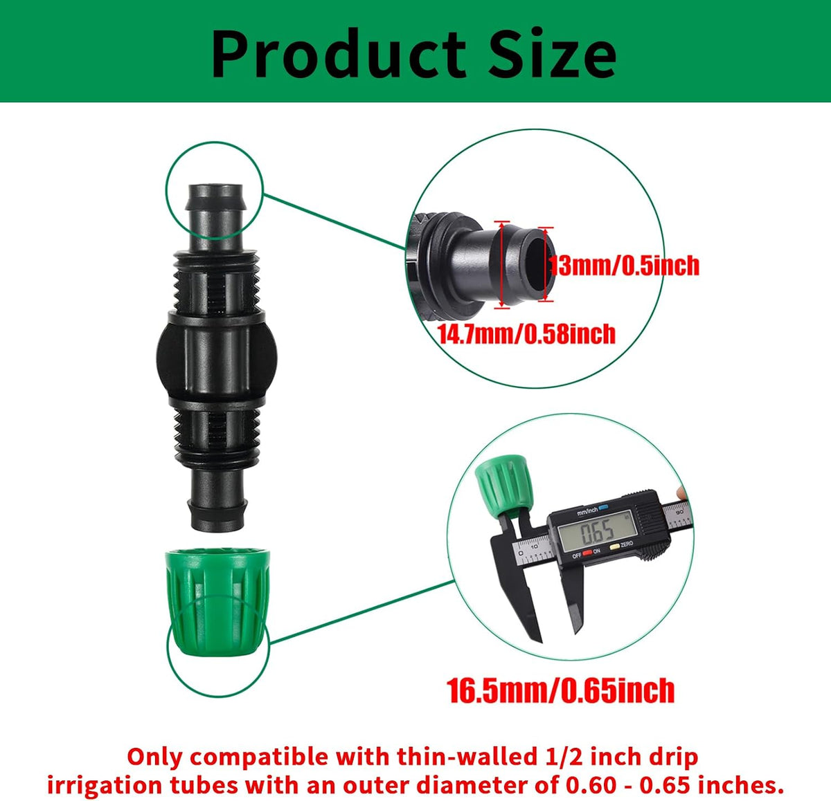 15 Pack 1/2 Inch Irrigation Tubing Couplers, Barbed Connectors Compatible with 1/2" ID 0.60-0.65" OD Thin-Wall Drip Line, Anti-Leak Lock Nut Fittings for Greenhouse, Lawn & Raised Bed Watering