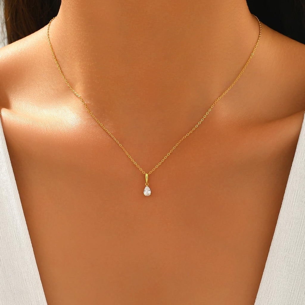 14K Gold Plated Teardrop Dainty Gold Necklace for Women Solitaire Tear Pear CZ Cubic Zirconia 925 Sterling Silver