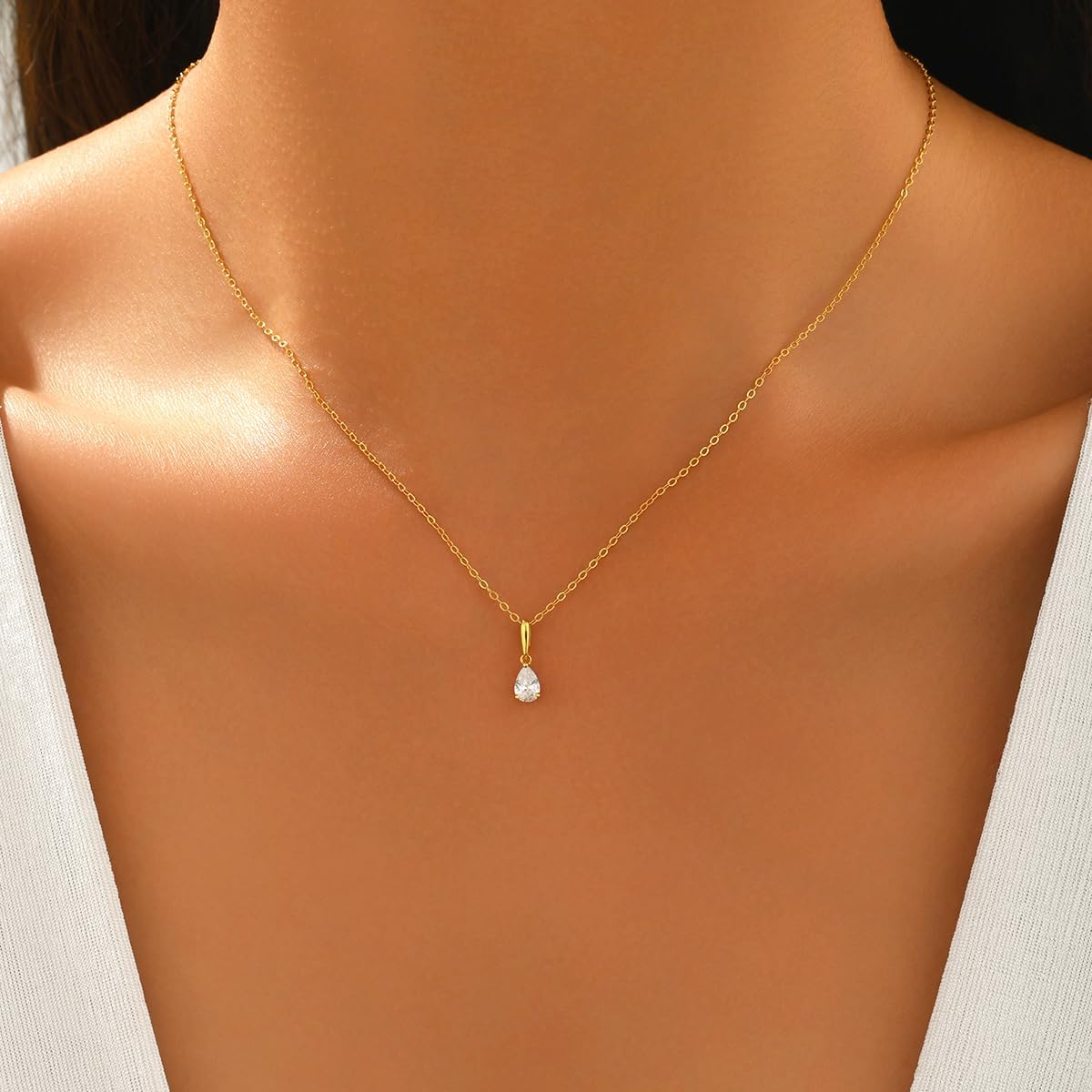14K Gold Plated Teardrop Dainty Gold Necklace for Women Solitaire Tear Pear CZ Cubic Zirconia 925 Sterling Silver