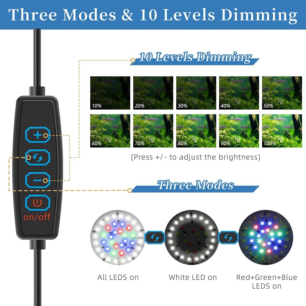 Mini Clip On Aquarium Light 7W Dimmable Small Fish Tank Light USB Moving Lamp with White Red Blue Green LED for 1 to