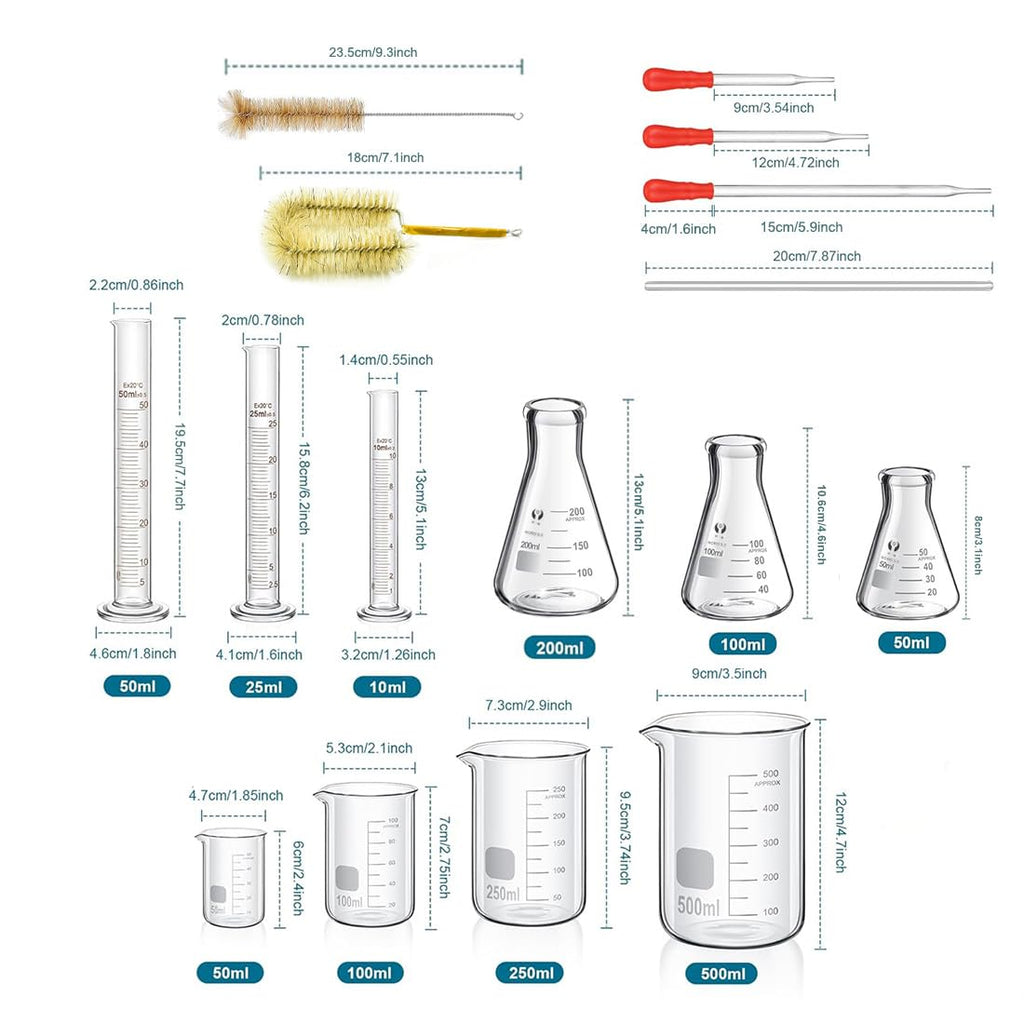 Glass Beakers Cylinder Erlenmeyer Flask Pipettes Glassware Set | 4 Beaker 500/250/100/50ml, 3 Flask 150/100/50ml, 3