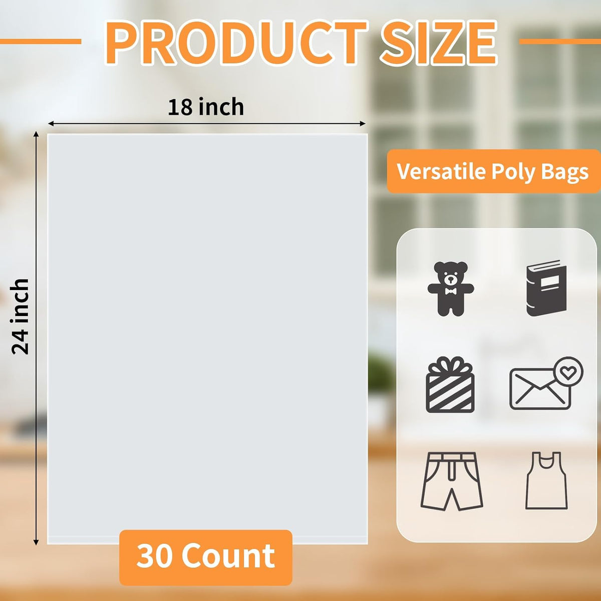 Plastic Flat Open Poly Bags, 30 Count 18 x 24 inch Clear Plastic Bags