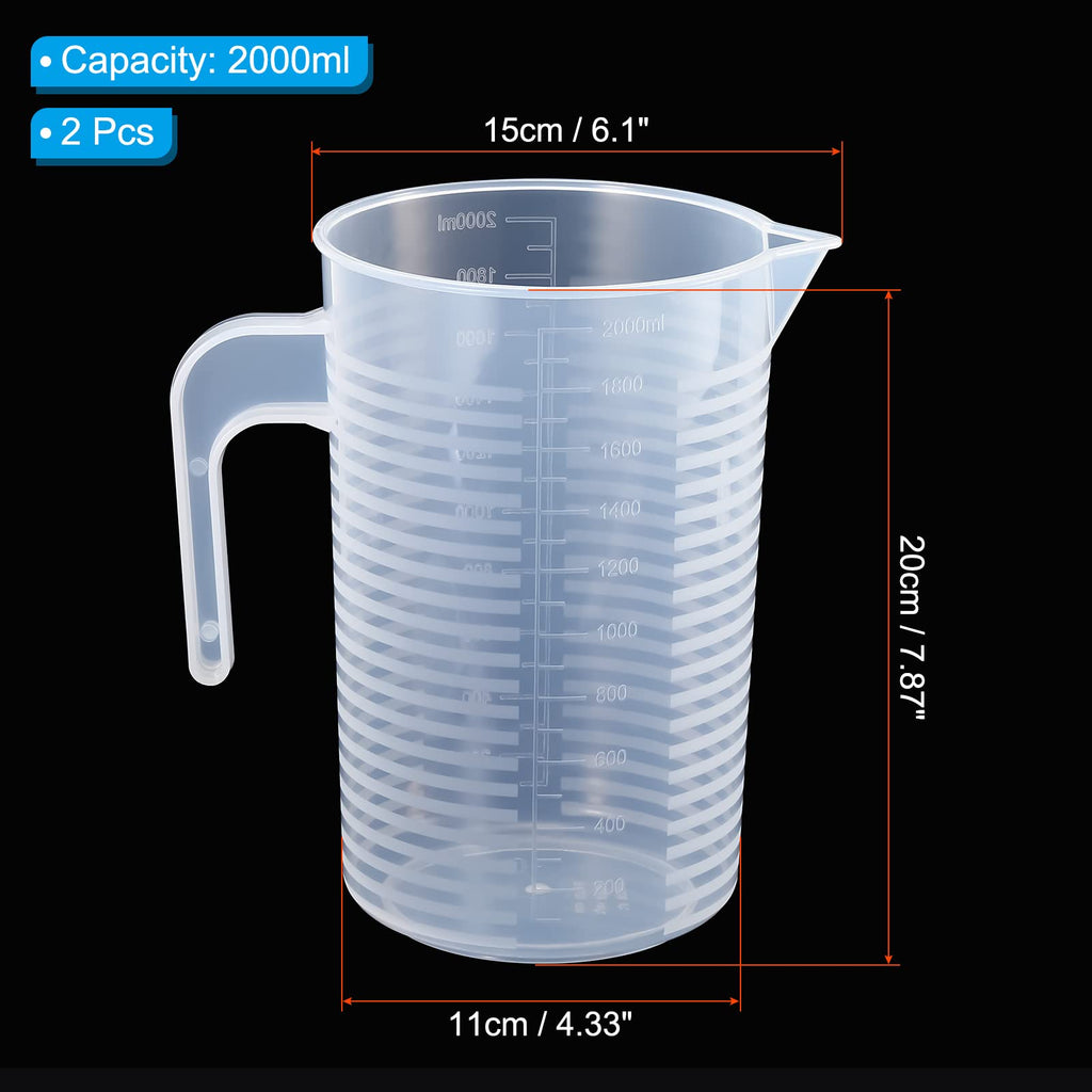 Graduated Beaker, 2 Pack 2000ml PP Plastic Liquid Measuring Cup Double Sided Graduations with Handle Lid and Spout