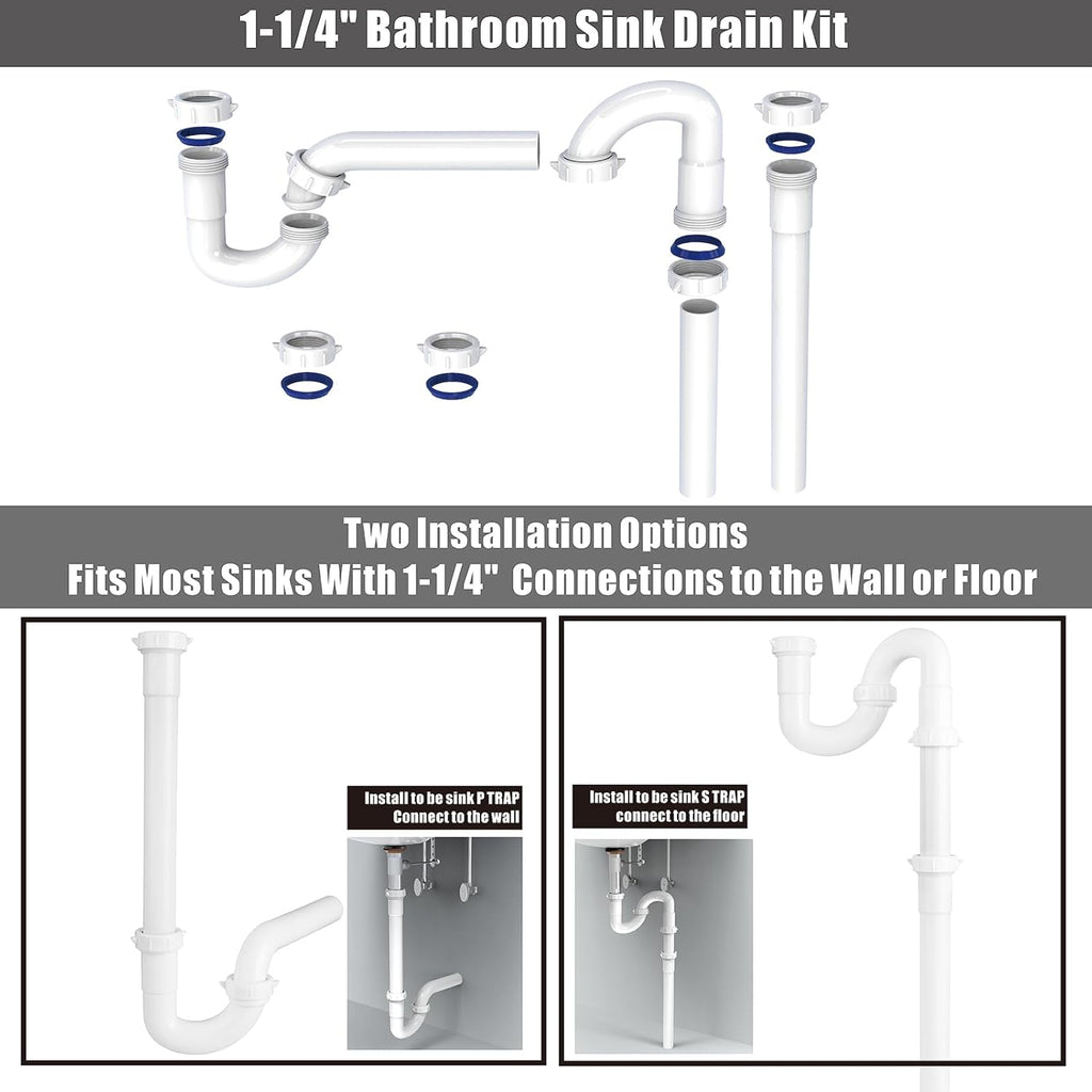 Bathroom Sink Drain Kit, for Most 1-1/4” Kitchen or Bathroom Sinks Drain Repair,1-1/4” P Trap or S Trap Plumbing Sink