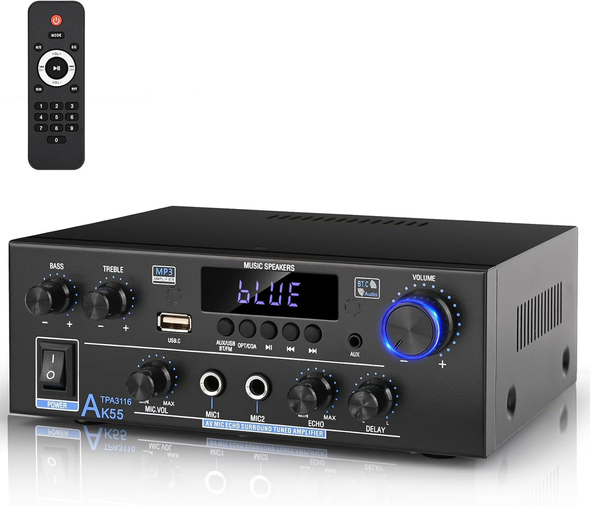 Romica AK55 Stereo Audio Amplifier, 2 Channel 500W Bluetooth 5.0 Home Audio Stereo Receivers with FM, Echo, AUX, USB