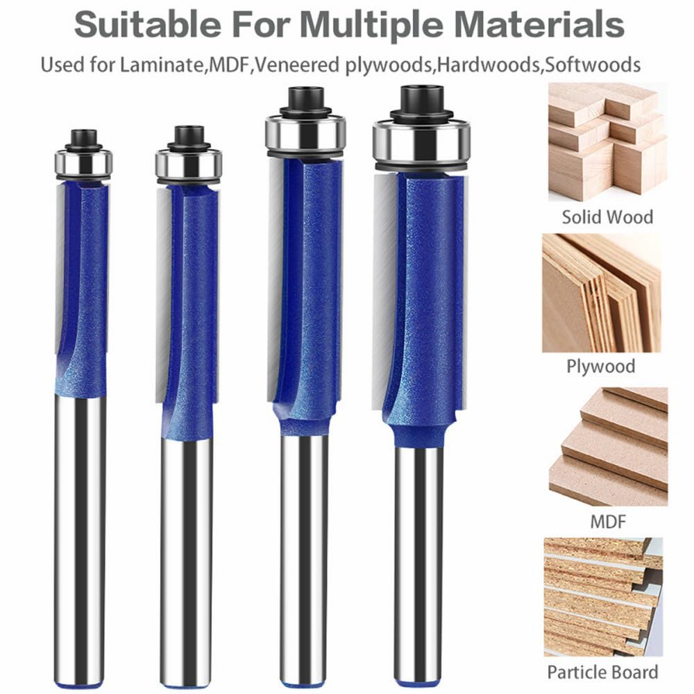 4PCS Flush Trim Router Bit Set 1/4 Inch Shank Top Bearing Flush Trim Router Bit