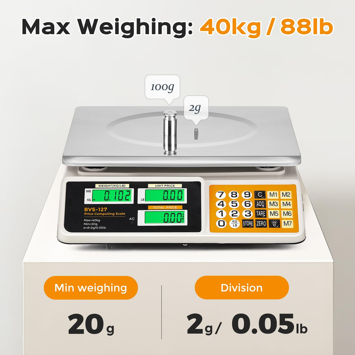 Price Computing Scale 88lb/ 40kg, Commercial Food Weighing Scale 2g Division, Rechargeable Produce Deli Scale with
