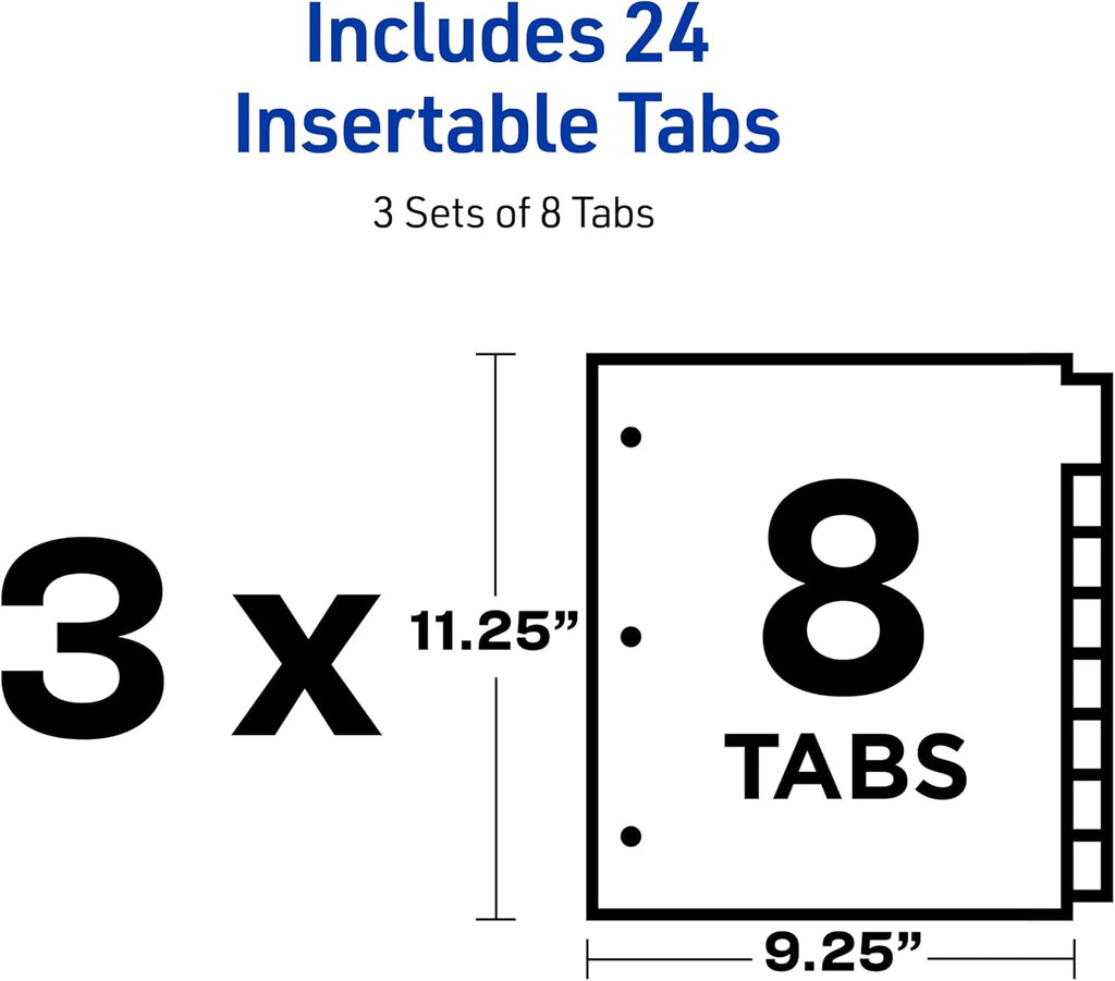 Insertable 8 Tabs Plastic Divider for 3 Ring Binders, One Pocket | 3 Sets of Durable Binder Dividers with 8 Colors