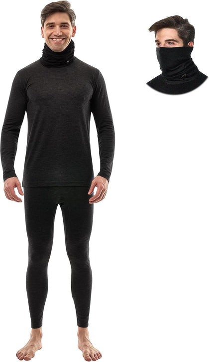 100% Merino Wool Base Layer Mens - Thermal Underwear Set with Neck Gaiter | Midweight, Breathable Merino Wool Shirts