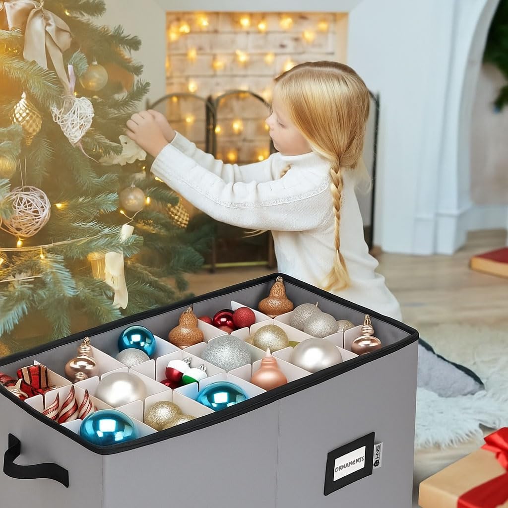 Christmas Ornament Storage Container with Dividers - Box Stores Up to 54 Ornaments, Zippered, Convenient, Adjustable