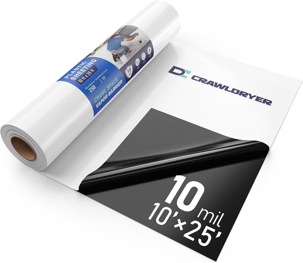 Crawl Space Vapor Barrier - 10 mil (10' x 25'), Thick Plastic sheeting, Drop Cloth Moisture Barrier Covering for