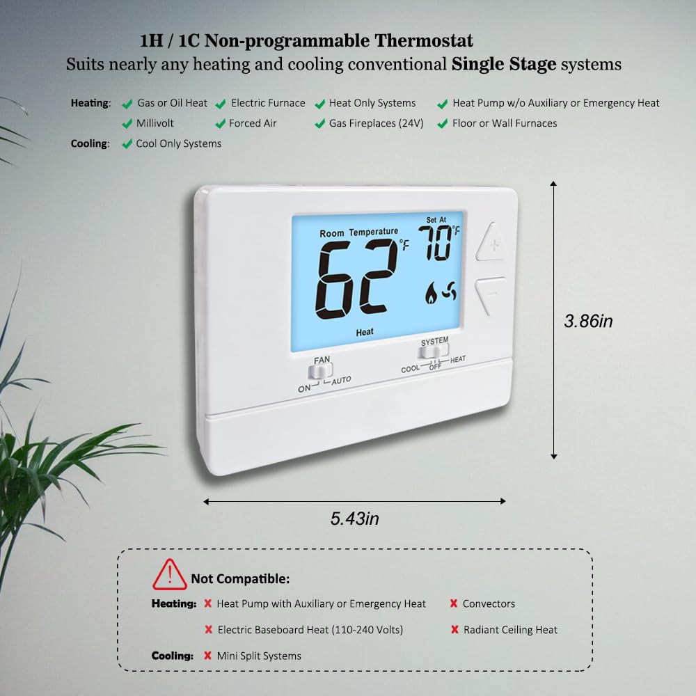 NonProgrammable Thermostat for Home,Single-Stage Systems,Digital Energy-Saving Thermostat,1 Heat/1 Cool, Easy DIY Install, White Backlight