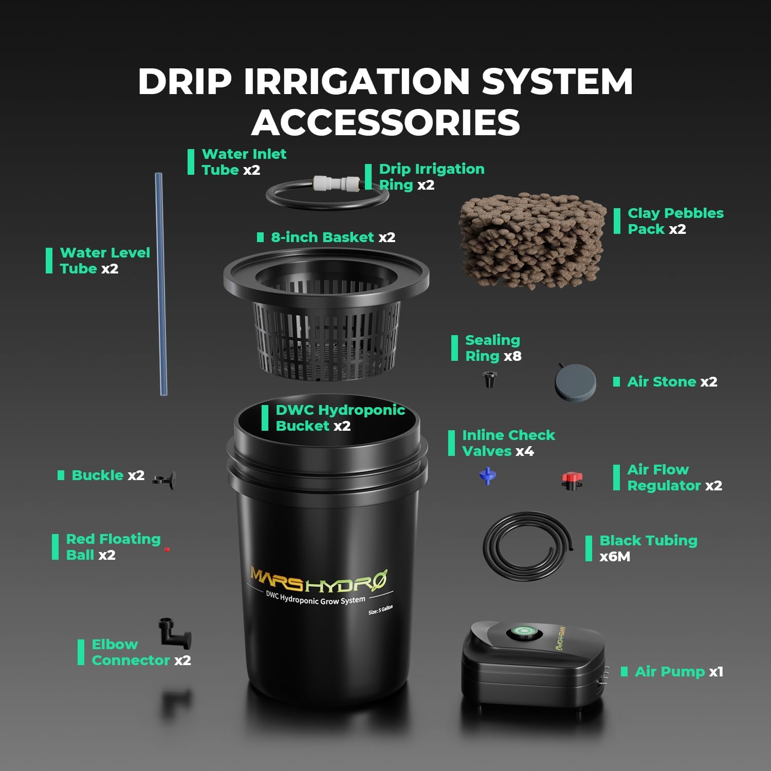 DWC 4‑Bucket Hydroponic System with Pump & Drip | 5 Gallon Capacity, 11W Air Pump, Air Stone & Hose, Recirculating