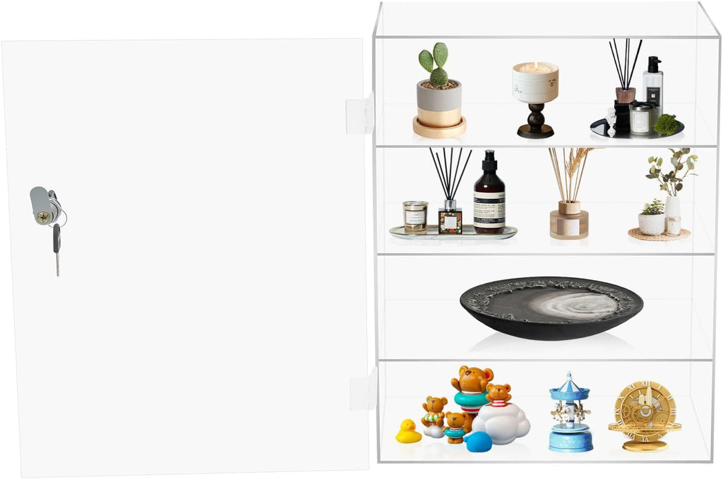 Acrylic Display Case with Lock, 4-Tier Locking Display Cabinet for Collectibles, Clear Countertop Showcase with Key