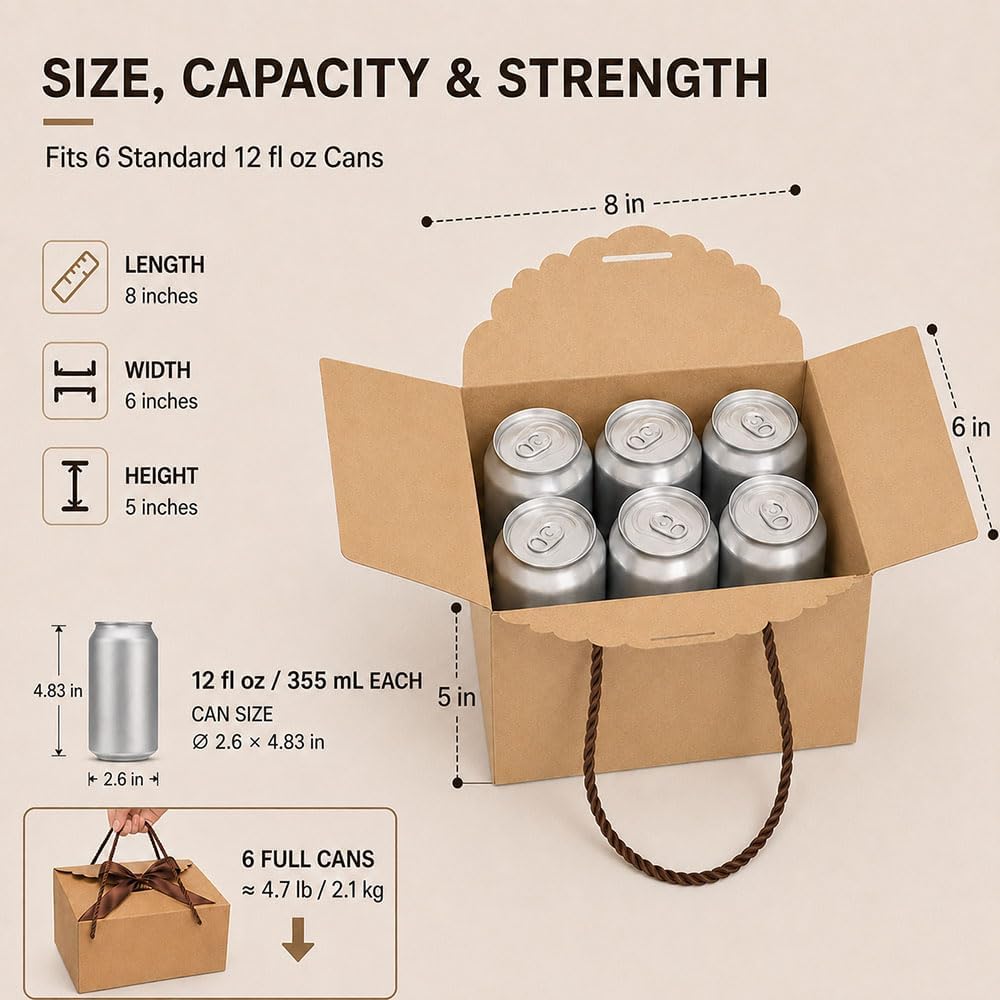Brown Kraft Gift Box with Handle & Ribbon, 6 Pack 8 x 6 x 5 in