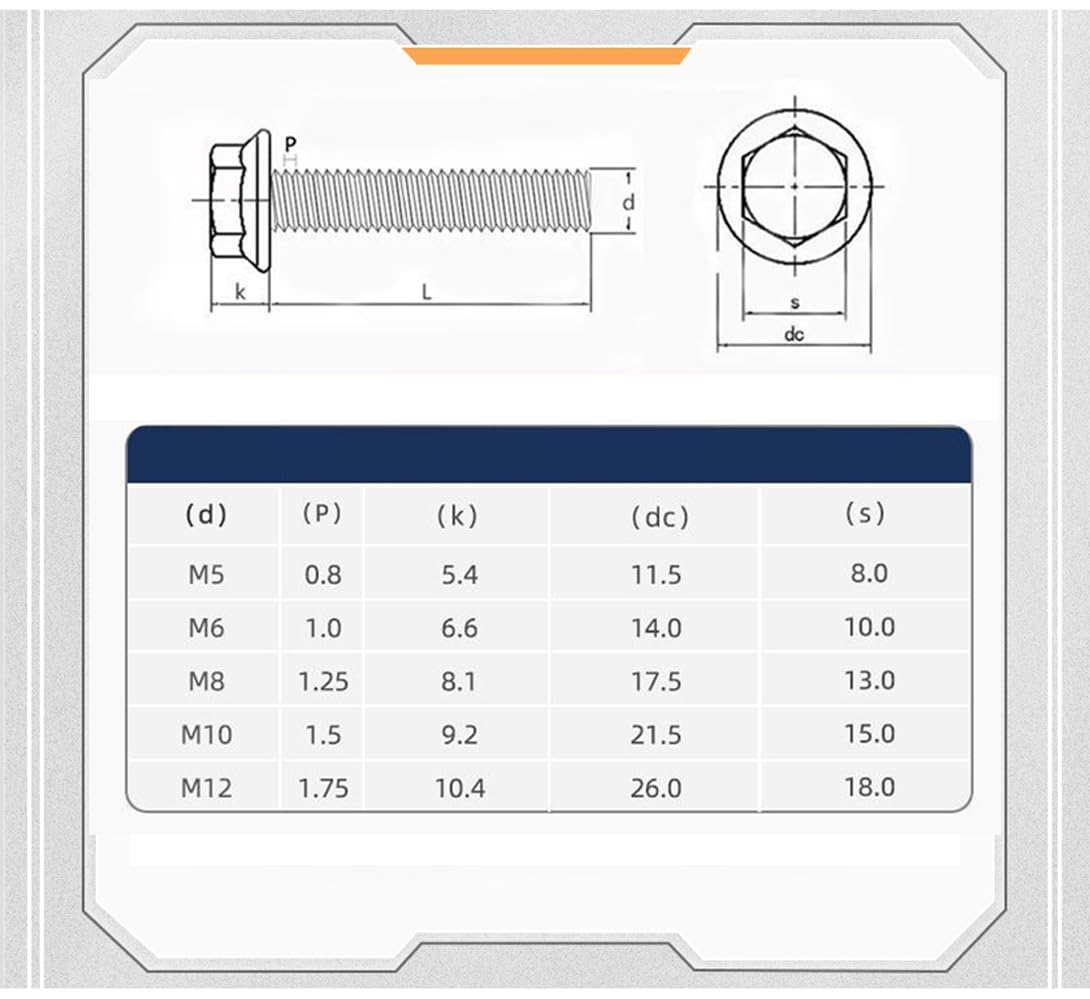 cSeao M12-1.75 x 40mm Flanged Hex Head Bolts Flange Hexagon Screws, Stainless Steel 18-8 (304), Plain Finish, 6 PCS