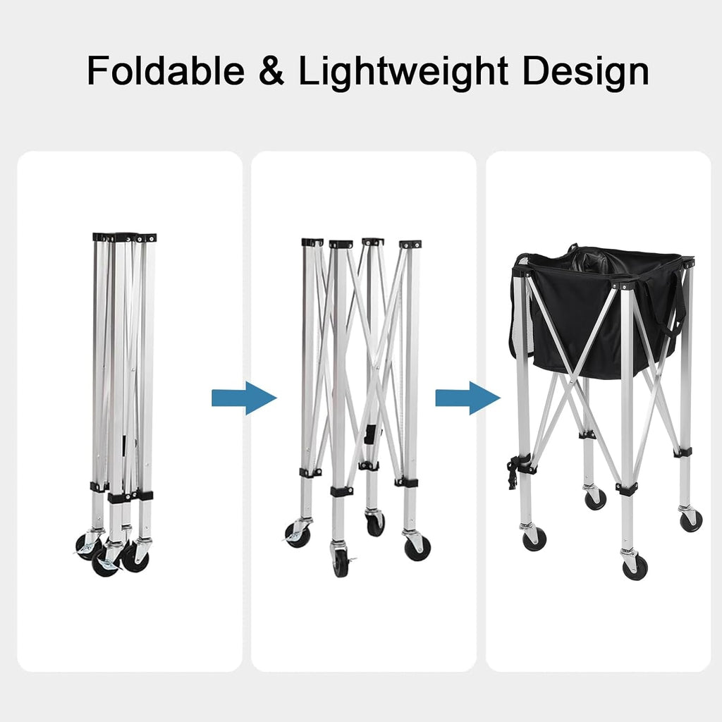 Tennis Ball Cart - Holds 160 Balls, Foldable Lightweight Tennis Ball Hopper with Wheels, Removable Bag, Side Pockets