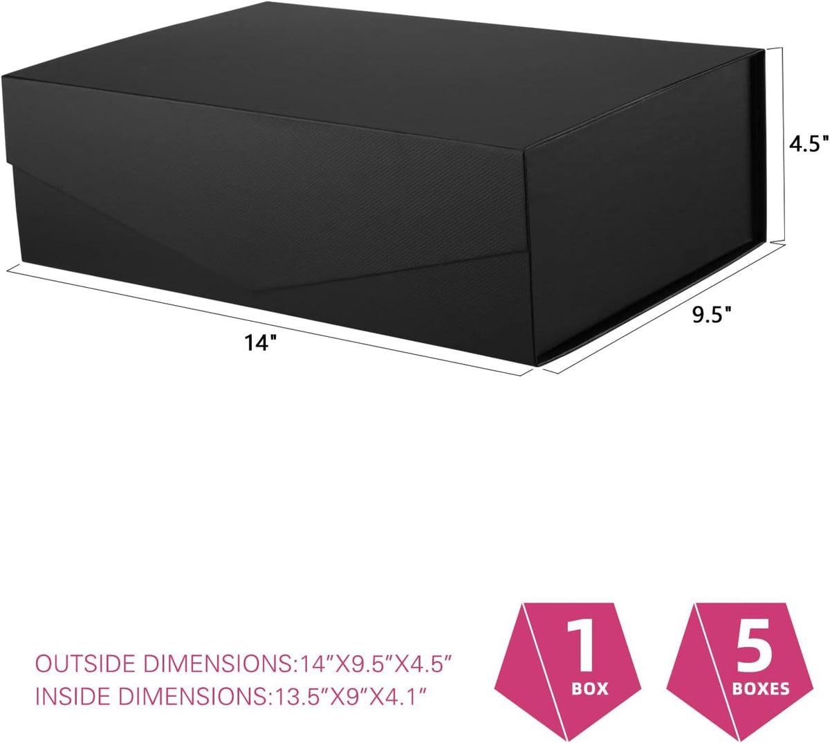 5 Large Black Magnetic Gift Boxes with Lids, 13.5x9x4.1 Inches