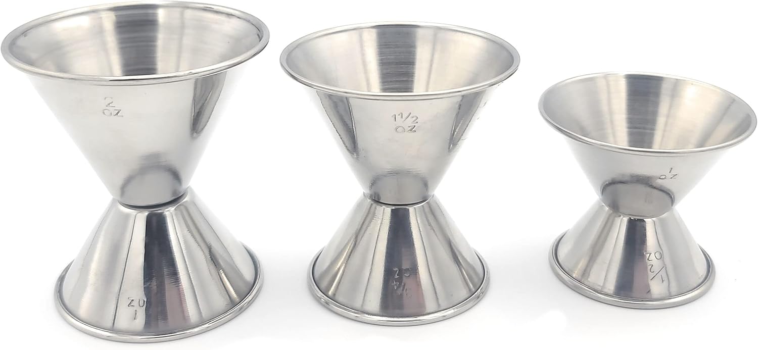 Stainless Steel Double Jiggers 1 & 2 oz, 3/4 & 1-1/2 oz, 1/2 & 1 oz Bar Jiggers Set of 3 for Cocktail Liquor Measuring