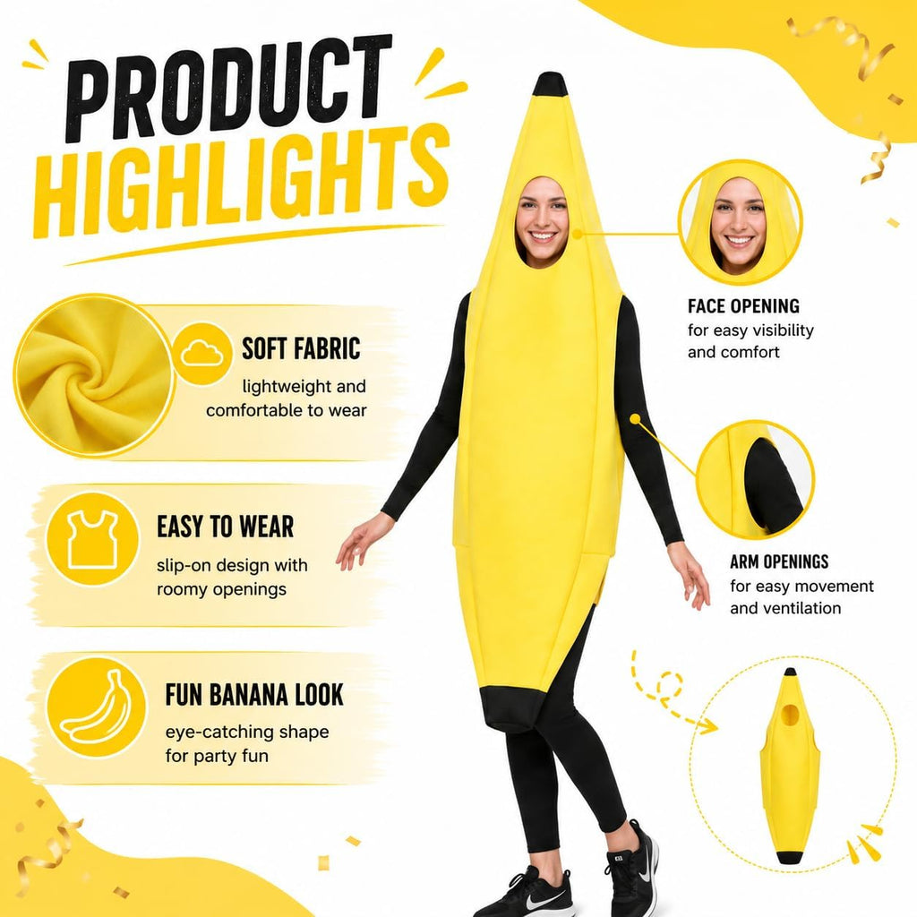 Small Banana Costume Set for Halloween Costume Man Women Dress Up Parties Cosplay Theater and Outdoor Event (54" L x