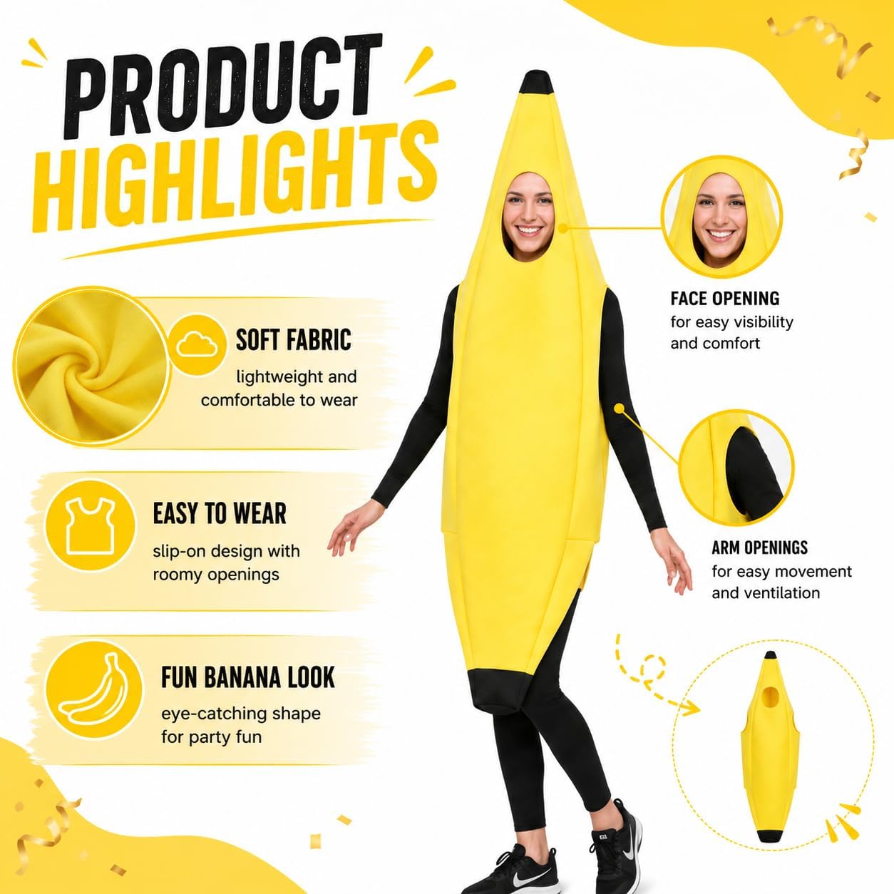 Small Banana Costume Set for Halloween Costume Man Women Dress Up Parties Cosplay Theater and Outdoor Event (54" L x