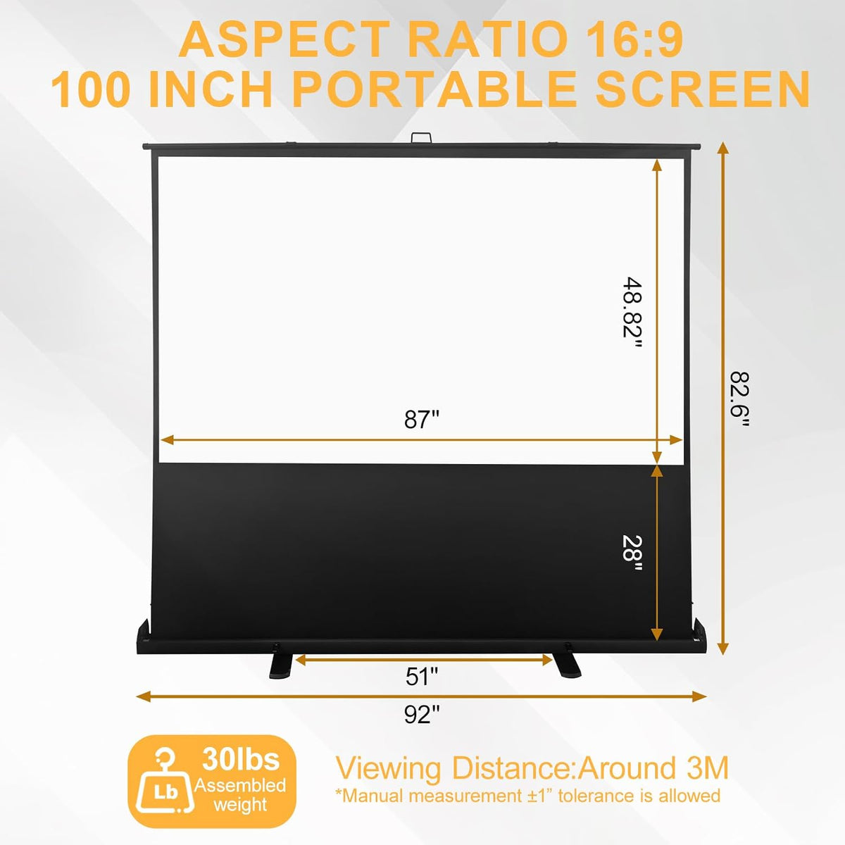Screen 100 inch 16:9 Portable Manual Pull Up Floor Rising Projector Screen Indoor & Outdoor HD Matte White for Long