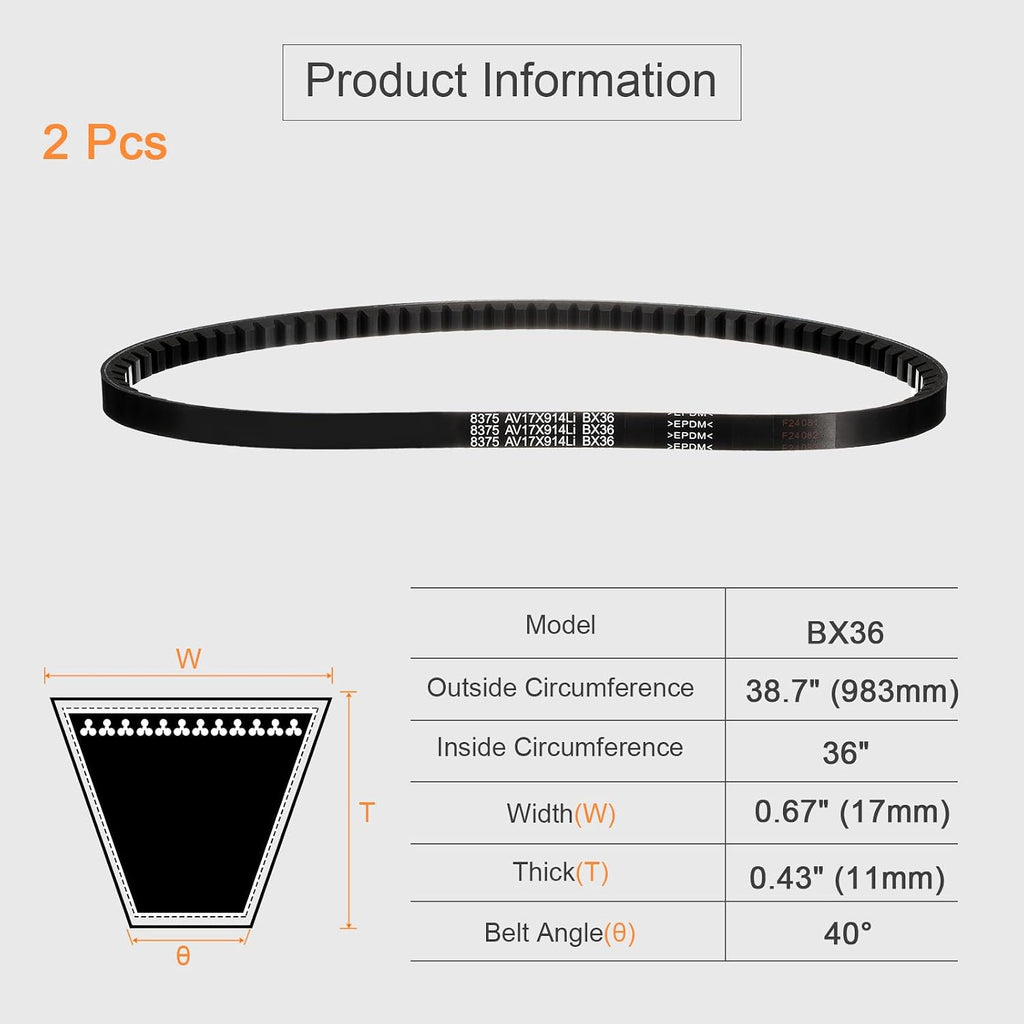 uxcell 2 Pcs BX36 EPDM V-Belt, Raw Edge Cogged Industrial Rubber V Belt 0.67" Width x 36" Inside Circumference