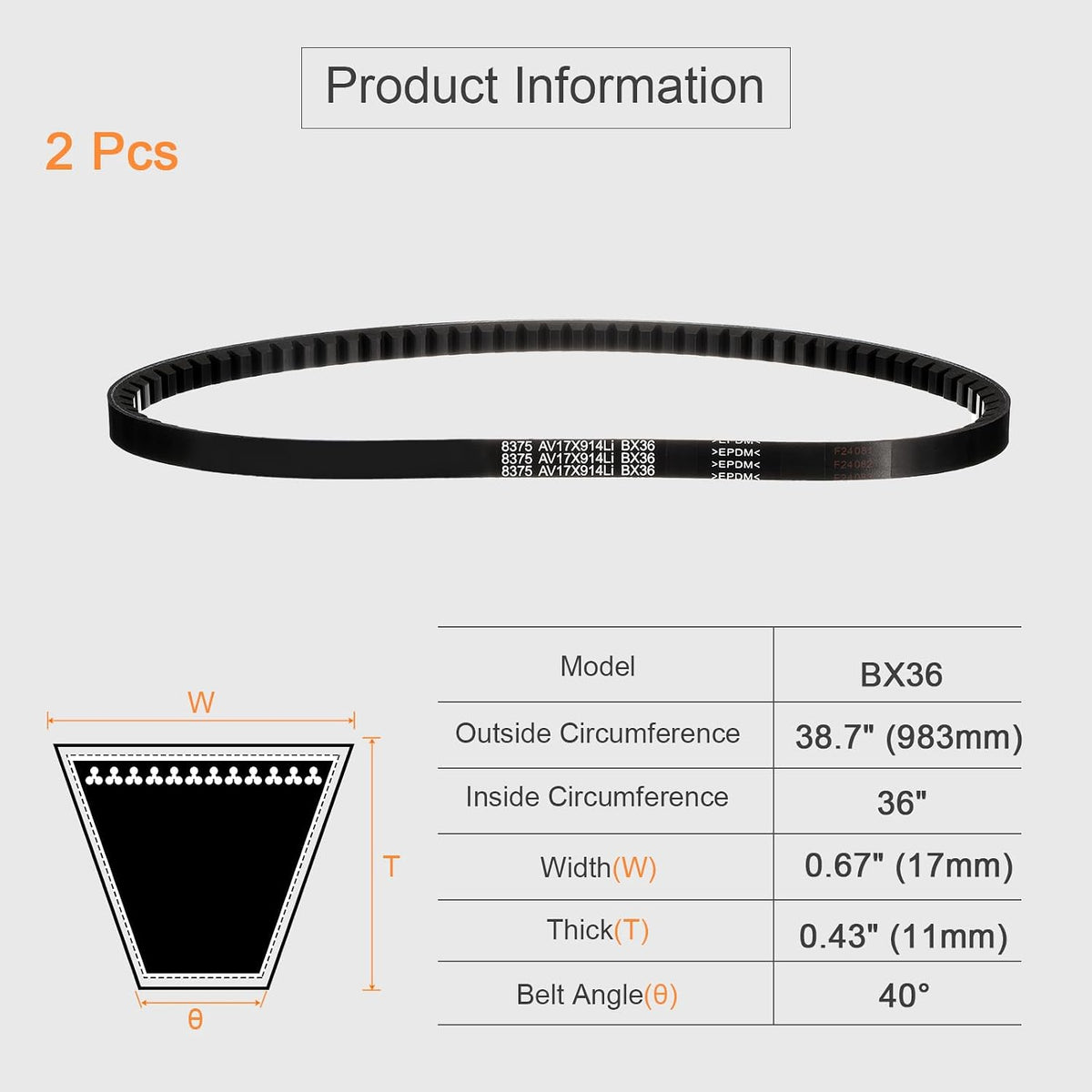 uxcell 2 Pcs BX36 EPDM V-Belt, Raw Edge Cogged Industrial Rubber V Belt 0.67" Width x 36" Inside Circumference