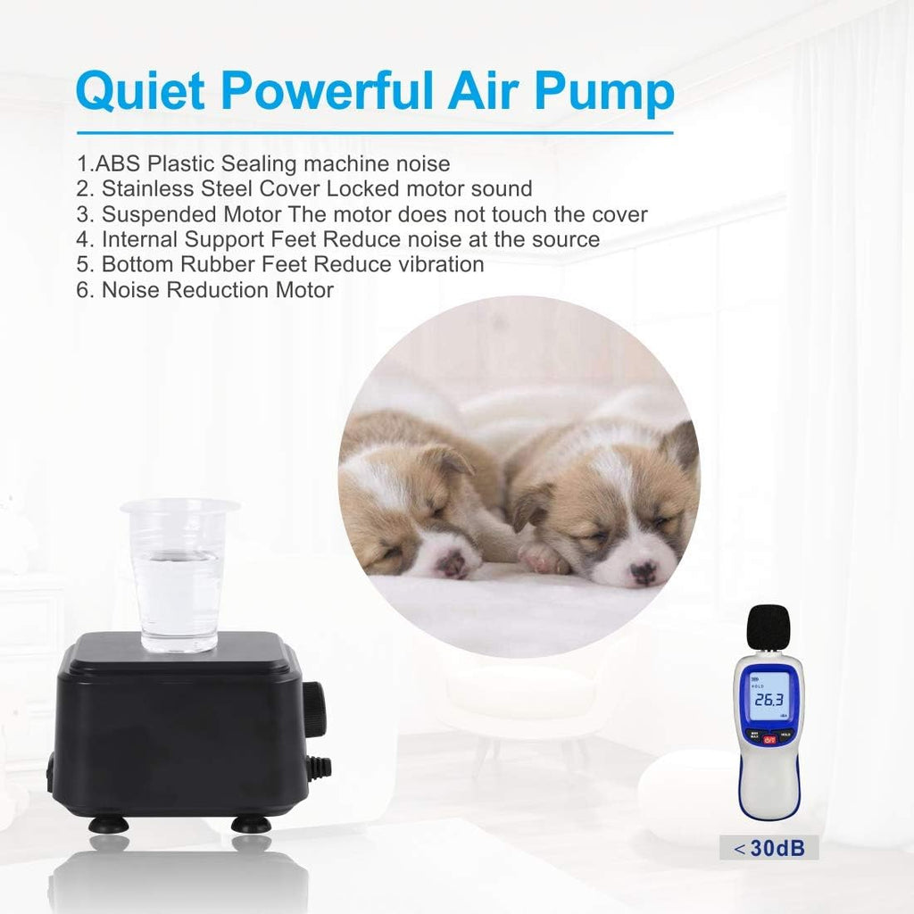 Quiet <30dB Aquarium Air Pump, Adjustable Low Decibel Oxygen Fish Tank Pump 2 Air Outlets Ultra Silent Powerful