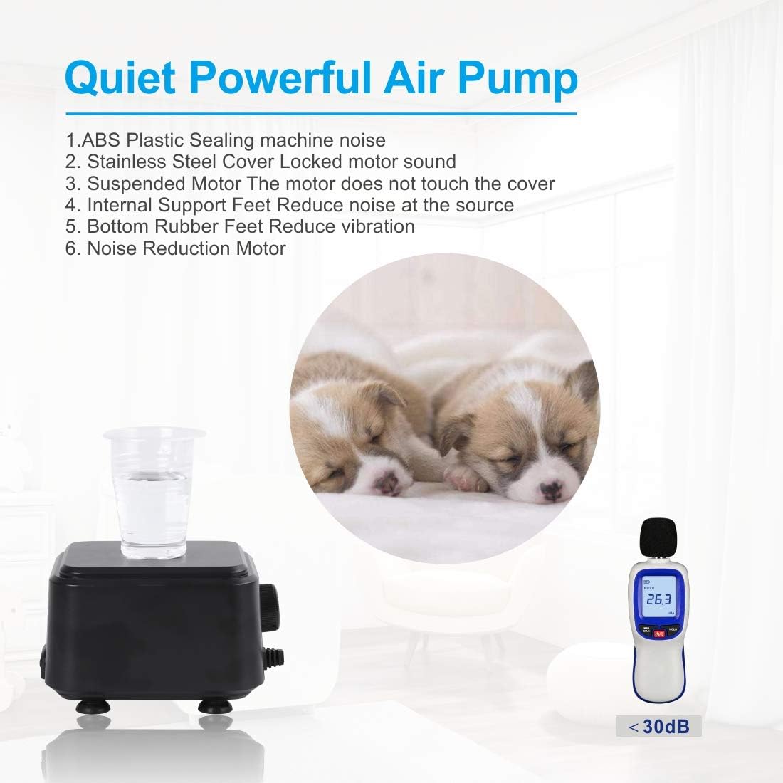 Quiet <30dB Aquarium Air Pump, Adjustable Low Decibel Oxygen Fish Tank Pump 2 Air Outlets Ultra Silent Powerful