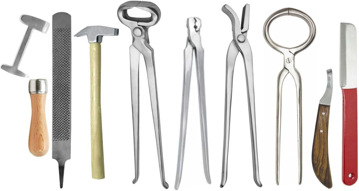 Horse Farrier Tool Kit – 9 Piece Complete Hoof Care Set with Hoof Nippers, Hoof Knife, Rasp, Clincher, Puller, Hammer
