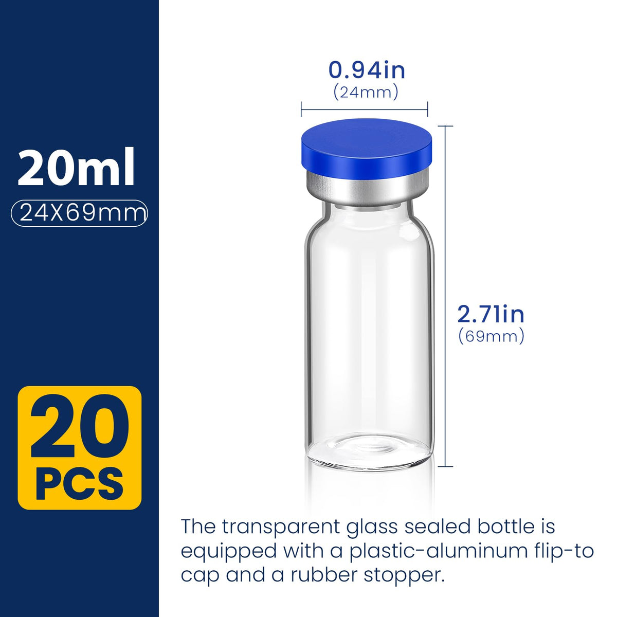 20ML Sterile Vials, Glass Empty Vials for Injection, 20 Pack