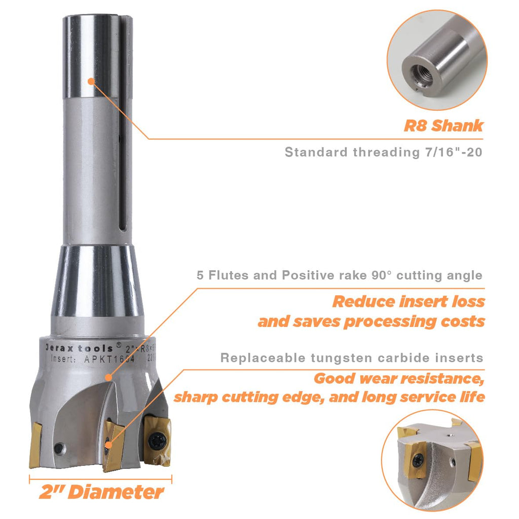 Jerax tools R8 Indexable 2" End Mill, Carbide Insert 90° Milling Cutter