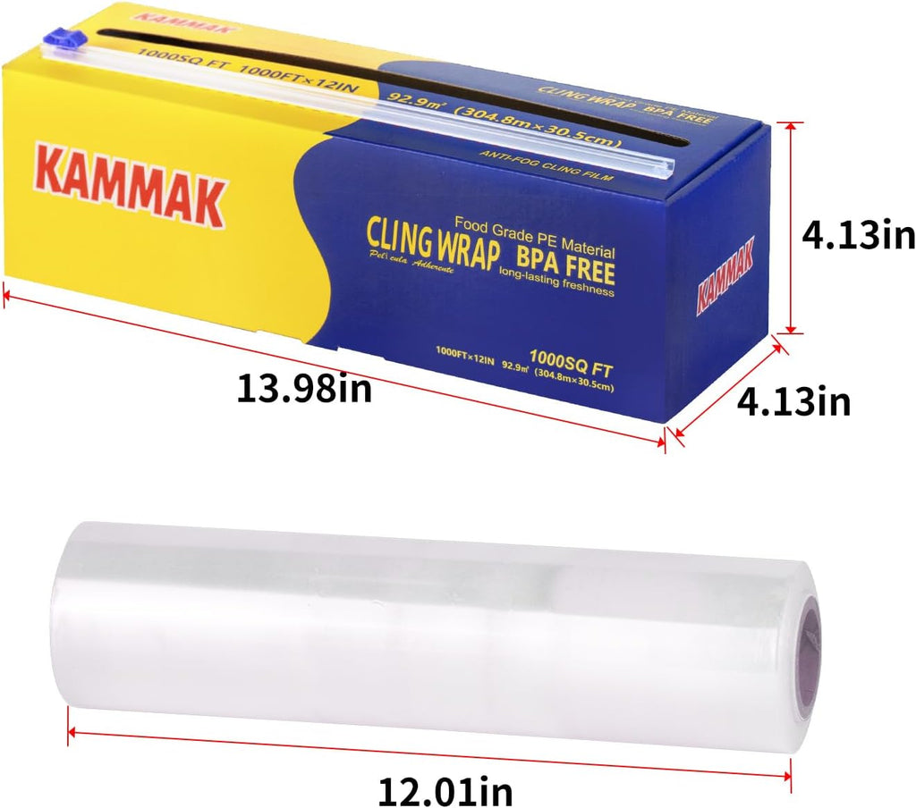 Plastic Wrap with Slide Cutter - 12 Inch Food Service Cling Film Roll - Clear Refillable Stretch Film - 1000 SQ FT