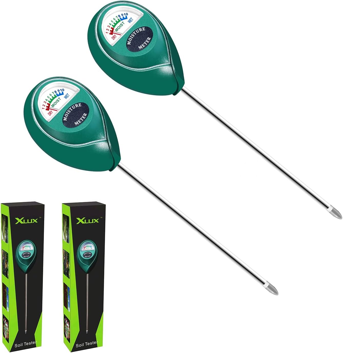 Green 2 Pack Soil Moisture Meter, Garden Lawn Indoor Outdoor Use | Battery-Free, Clear & Easy-to-Read Display
