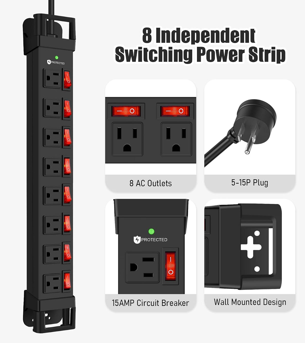 Heavy Duty Power Strip with 8 Outlets,1200J Surge Protector,Black,6FT | Individual Switch with Multiple Outlets,Wall