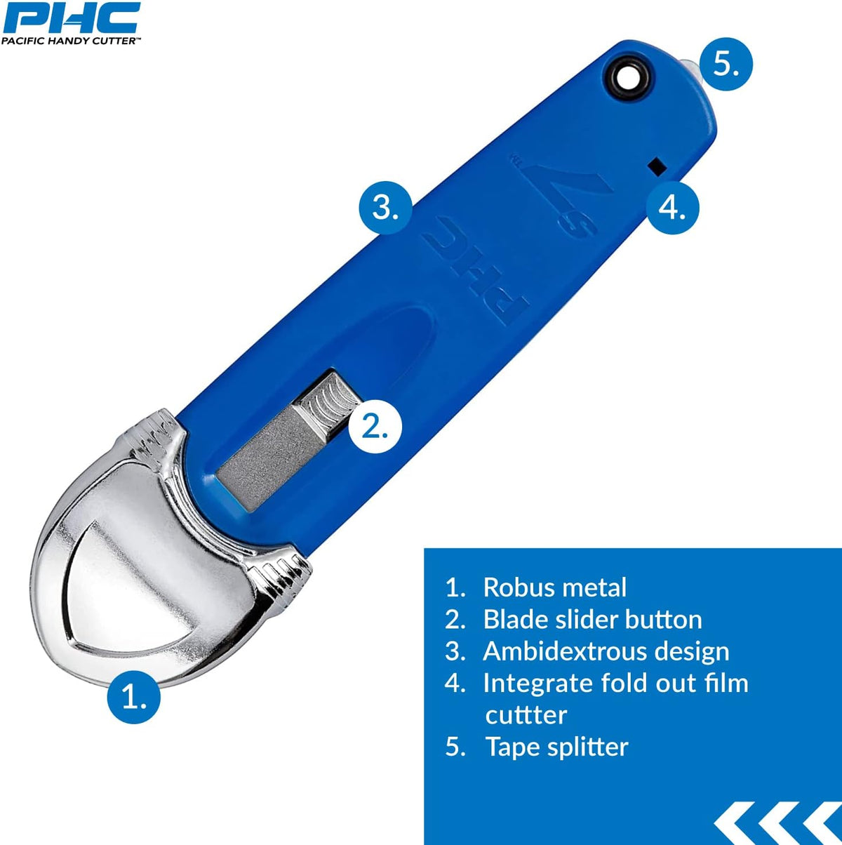 S7 Safety Cutter, 3-in-1 Self-Retractable Utility Knife with Fold-Out Film Cutter, Bladeless Tape Splitter, Guard for