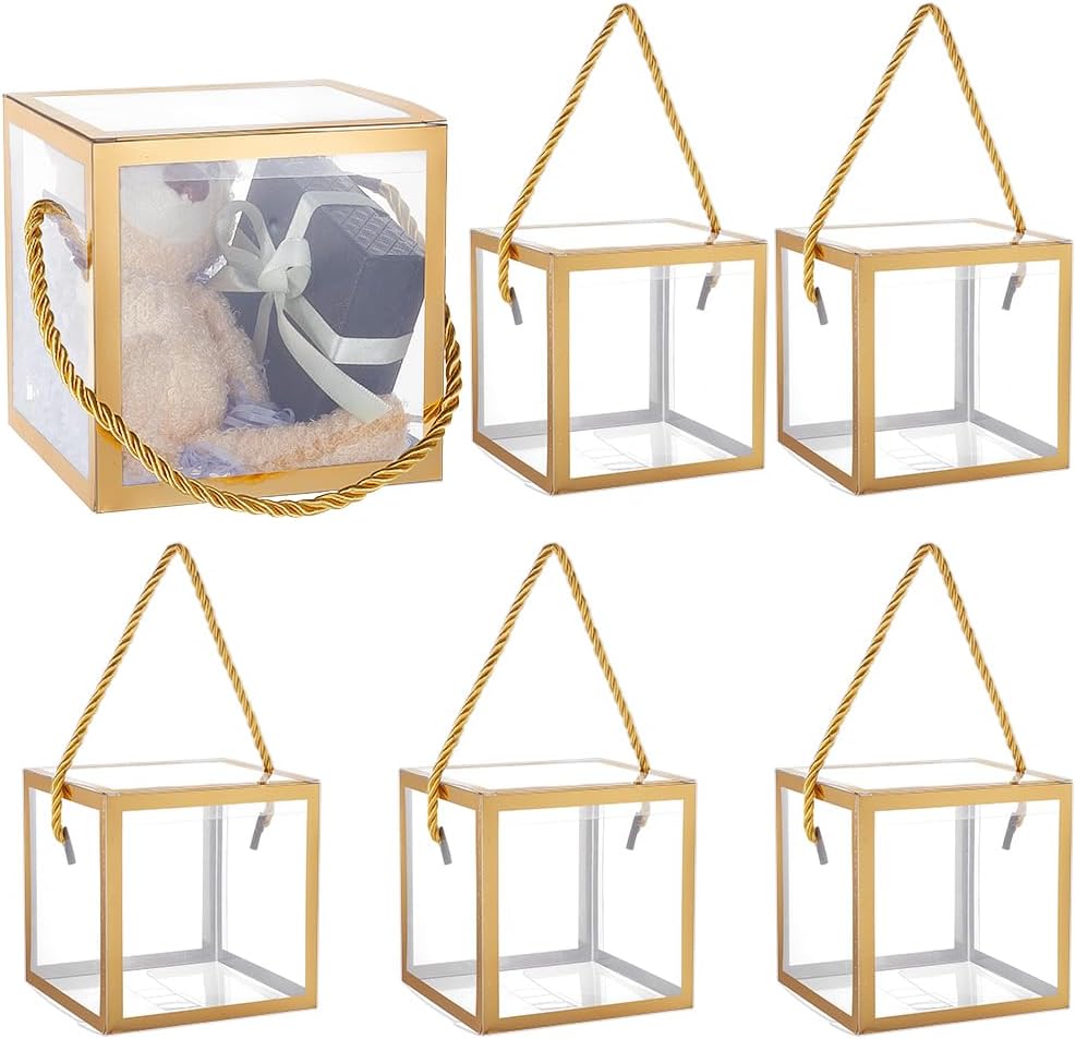 10 Sets Transparent Favor Boxes, 4.8x4.8x4.8 Inch Treat Gift Boxes with Gold Border Lace and Handle for Candy