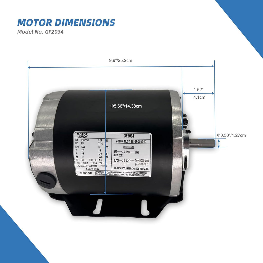 GF2034 1/3HP Electric Motor 115V 1725RPM 60Hz 48F Belt Drive Blower Motor