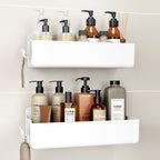 Shower Caddy 2-Pack, No-Drill Adhesive Shelves with 4 Hooks for Bathroom, Rustproof ABS Plastic Storage Organizer