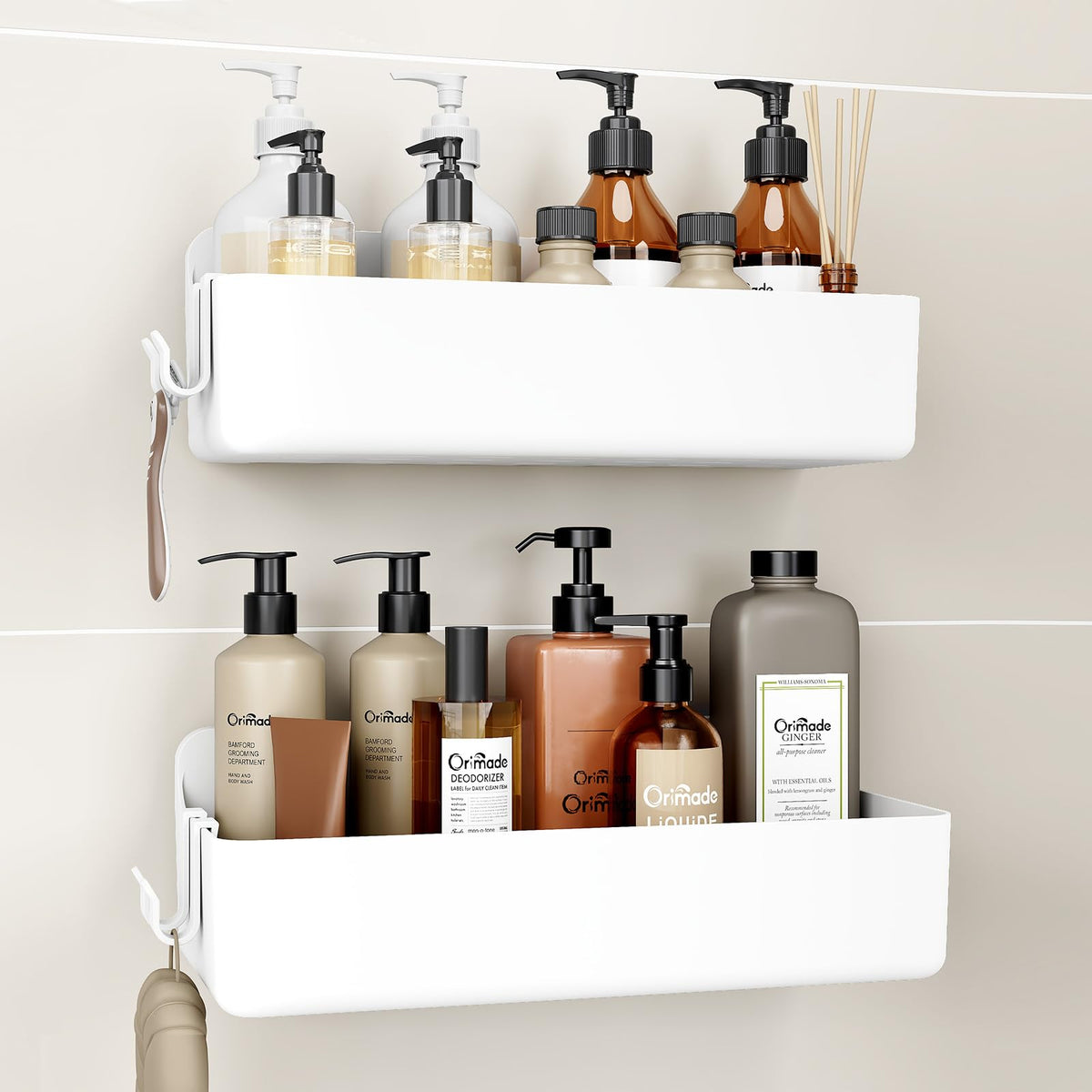 Shower Caddy 2-Pack, No-Drill Adhesive Shelves with 4 Hooks for Bathroom, Rustproof ABS Plastic Storage Organizer