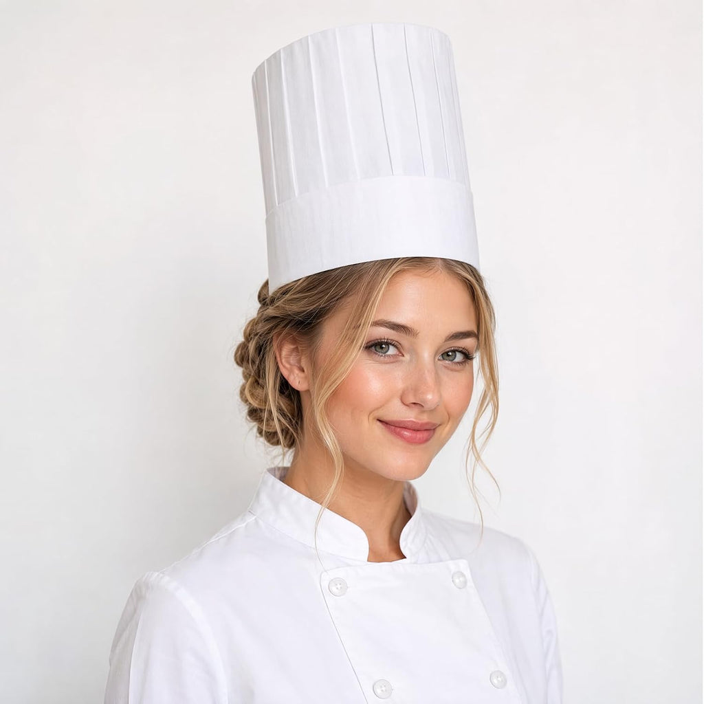 Disposable Paper Chef Hats Adjustable Tall Pleated Kitchen Toques White