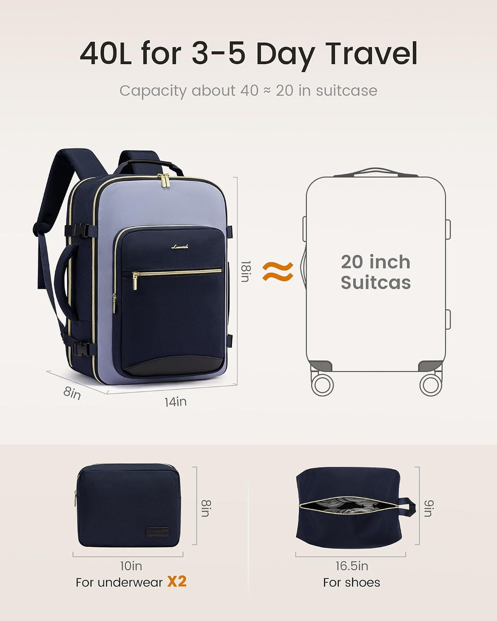 40L Travel Backpack for Women & Men, Airline Approved Carry On Luggage with 3 Packing Cubes, TSA Overnight Bags