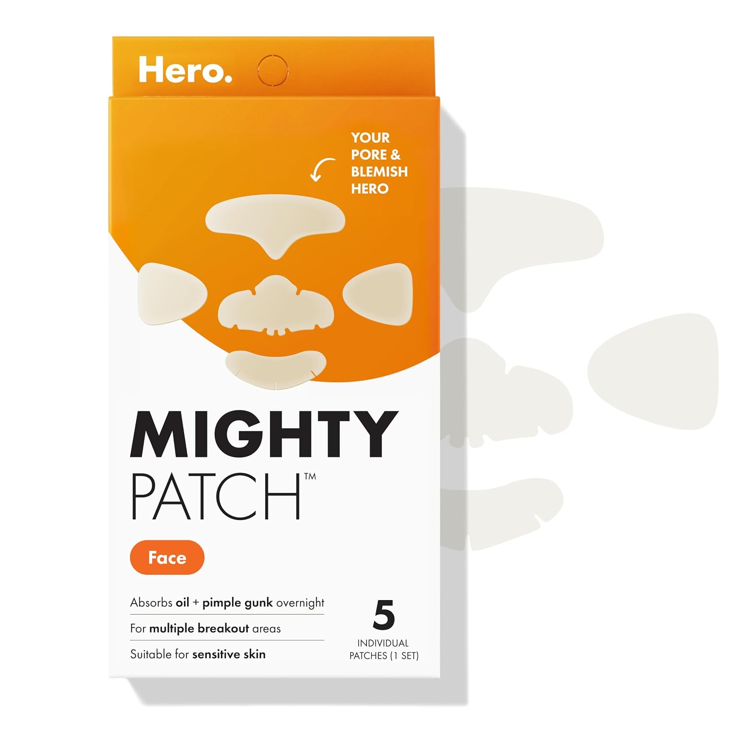Hero Cosmetics Face XL Hydrocolloid Face Mask for Acne, 5 Ct | 1 Complete Set for Nose, Chin, Forehead & Cheeks;
