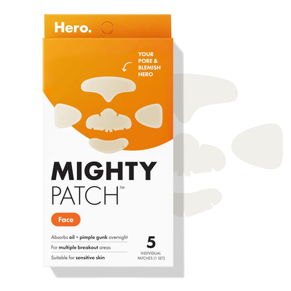 Hero Cosmetics Face XL Hydrocolloid Face Mask for Acne, 5 Ct | 1 Complete Set for Nose, Chin, Forehead & Cheeks;