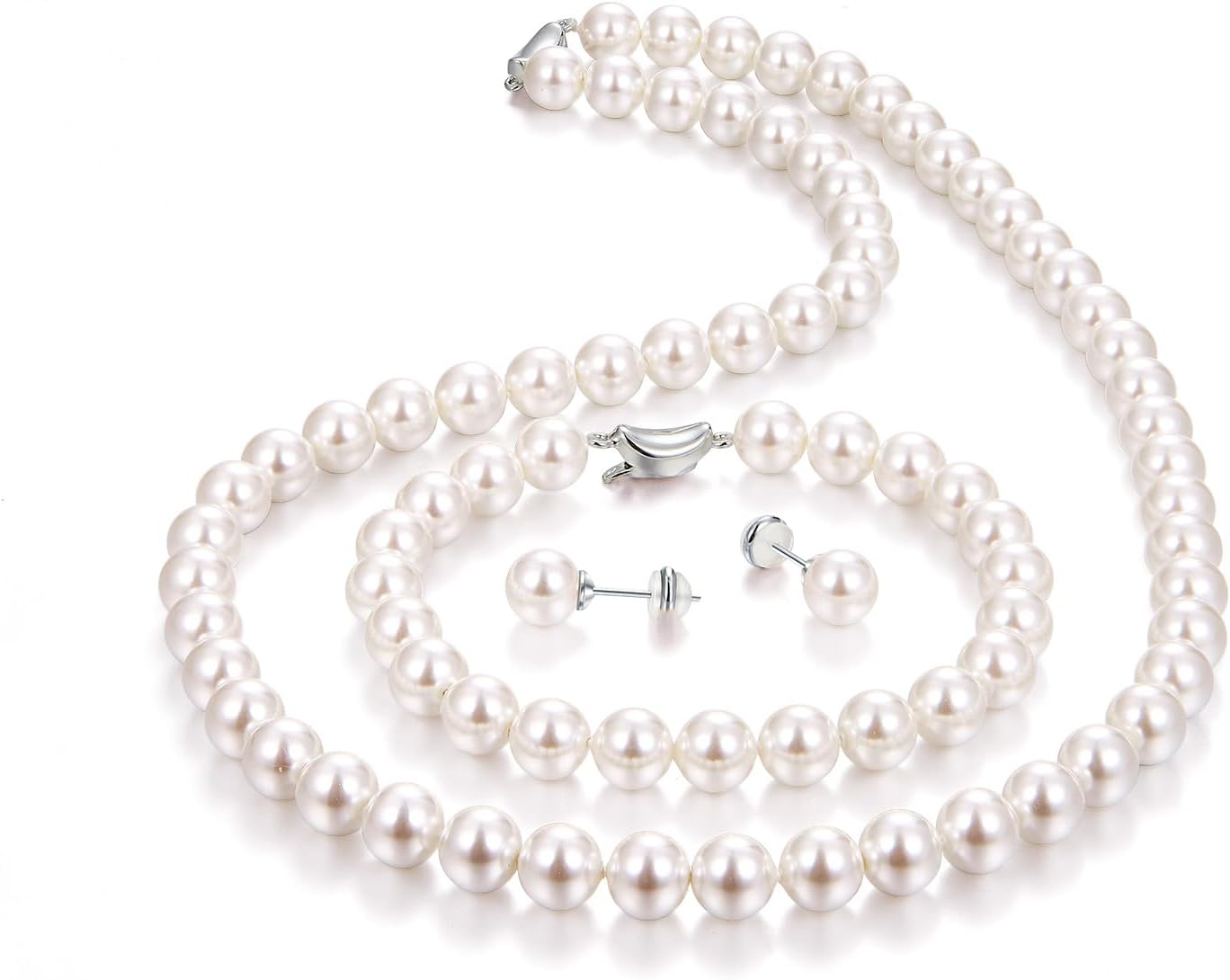 Pearl Necklace and Earring Set Include Stunning Bracelet, Pearl Jewelry Set for Women with Preserved Rose Box